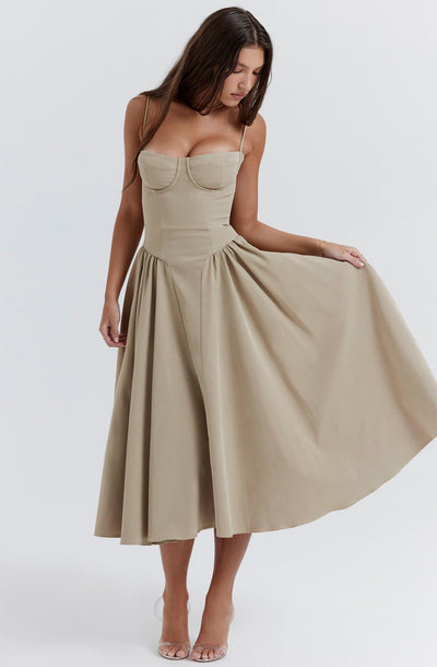 Mirabelle - Elegantes Midi - Kleid - Khaki - XS - 