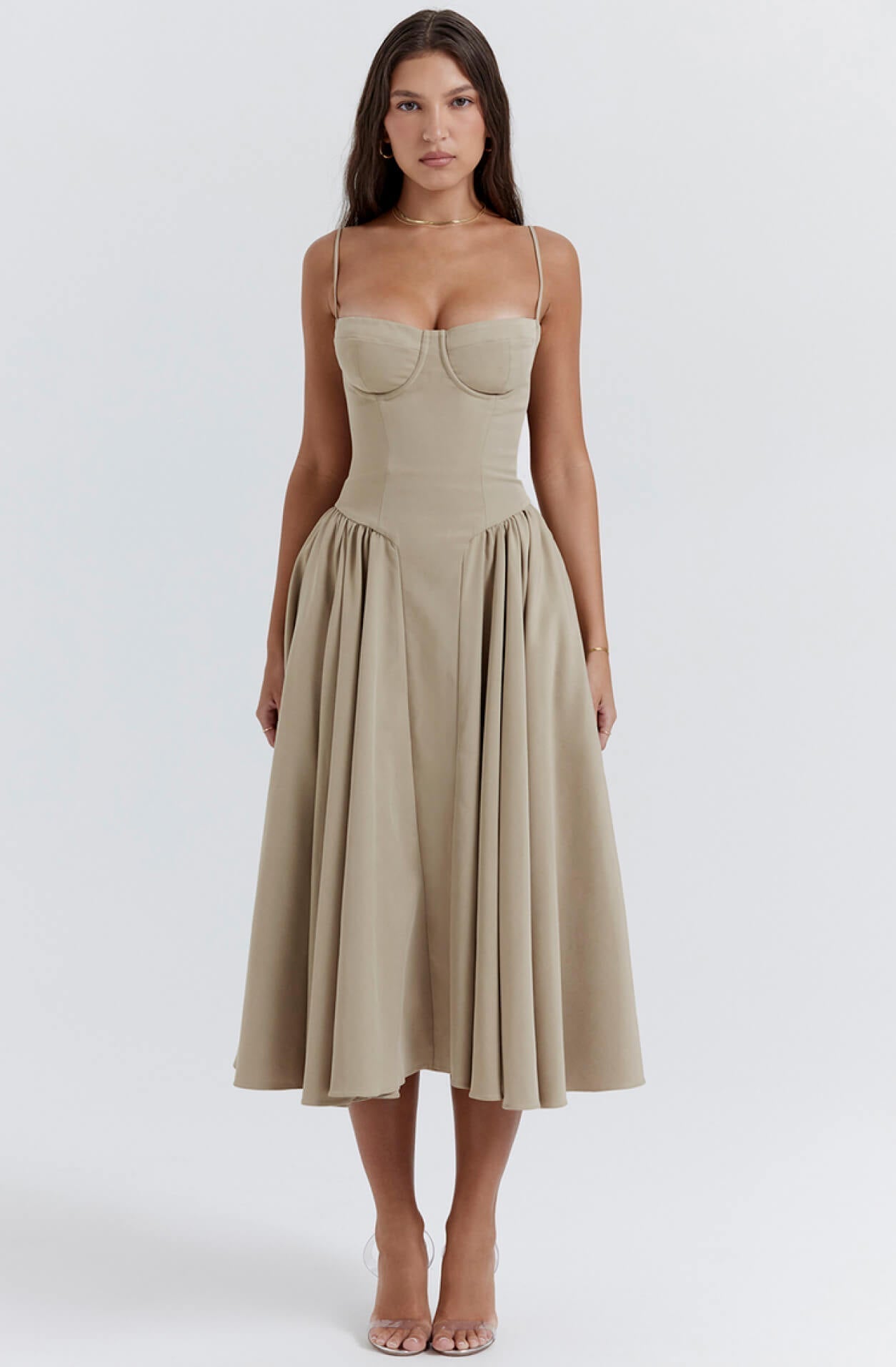 Mirabelle - Elegantes Midi - Kleid - Khaki - XS - 