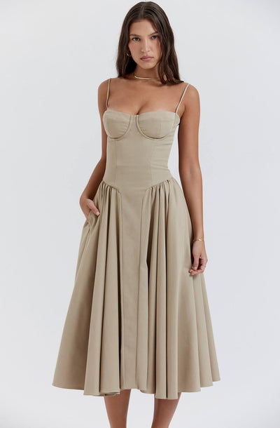 Mirabelle - Elegantes Midi - Kleid - Khaki - XS - 