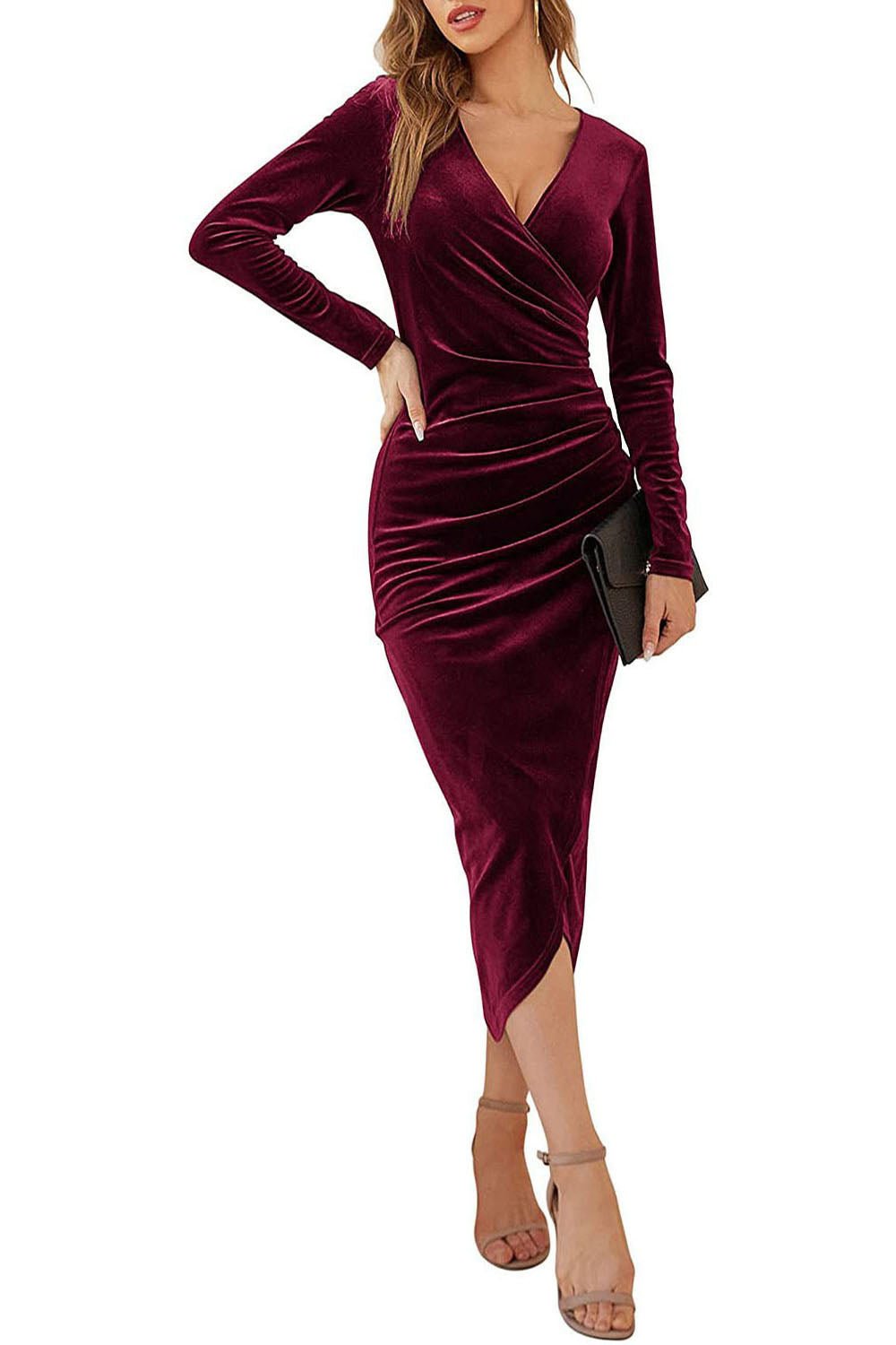 Octavia - Bodycon V - Ausschnitt Kleid - Burgund - S - 