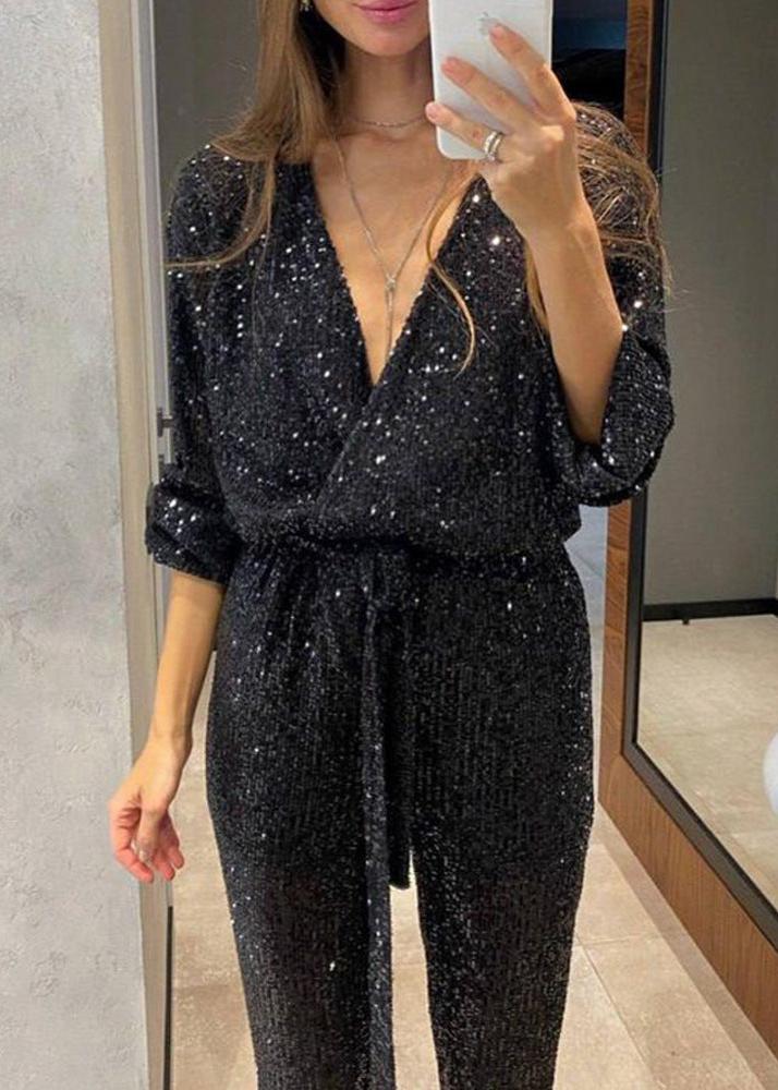 Rachel - Seidenmischung Pailletten Jumpsuit - Schwarz - S - 