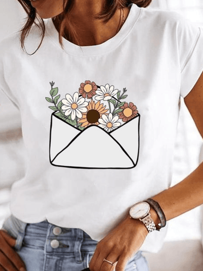 Rosalinda - Super stylisches T-Shirt mit extravagantem Sommerdesign - Blume Brief - XS - 