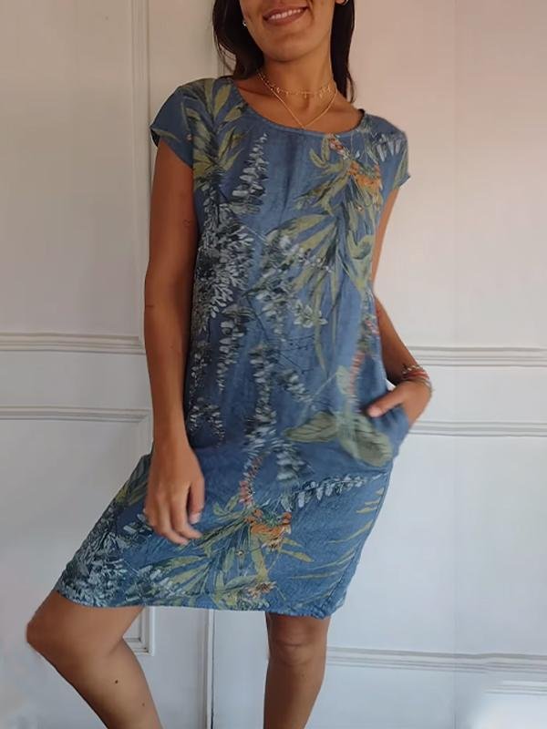 Sammy - Rundhalsausschnitt Bedrucktes Kleid - Blau - S - 