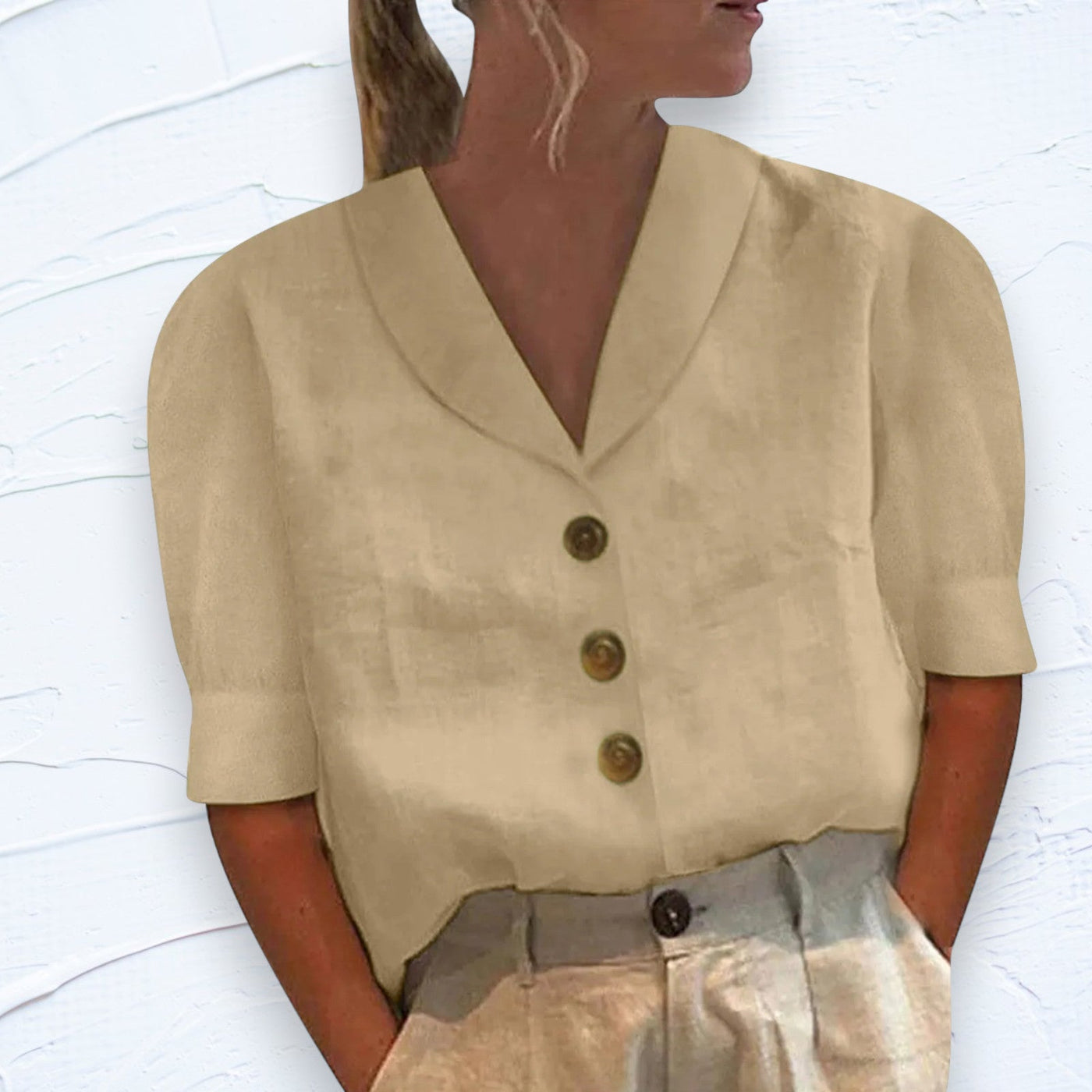 Seren - Top mit Kragen und Knöpfen - Beige - S - 