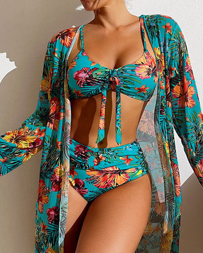 Sunflower | Dreiteiliges Bikini - Set mit Blumen - Blau - S - 