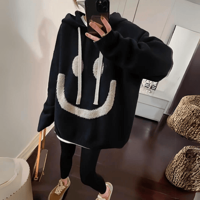 SunnySmile - Smiley gestrickter Hoodie - Schwarz - Einheitsgröße - 