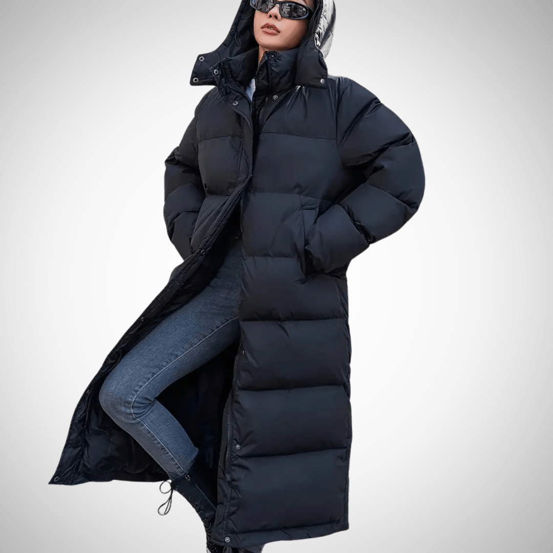 Viola - Schwarze lange Steppjacke mit Kapuze - Quilted Jackets - Temala