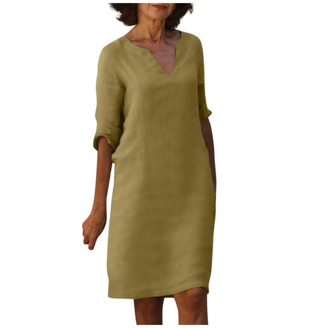 Yasmin - Elegantes V - Ausschnitt - Kleid - Khaki - S - 