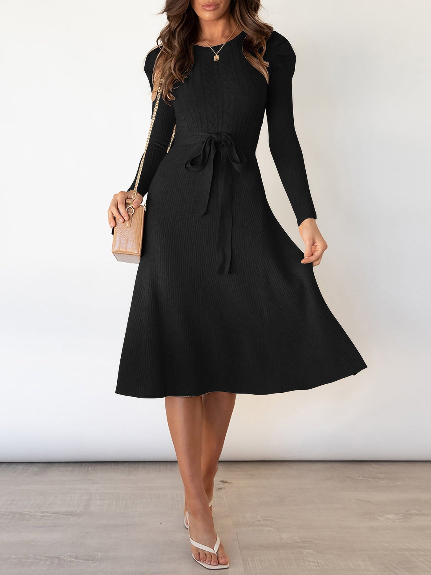 Zoe - Puffärmel Midi Kleid - Schwarz - 2XL - 